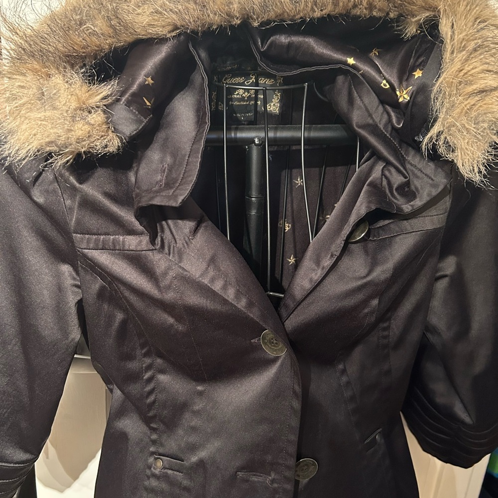 Vintage 2004 Guess Black Satin jacket with detachable hood Y2K